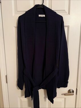 Carol Rose Dark Navy Ribbed Shawl-Collar Cardigan with Belt